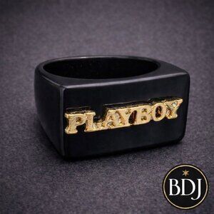 Vintage Playboy Black Glass Ring Gold Logo Size 7 Y2K Collectible Statement